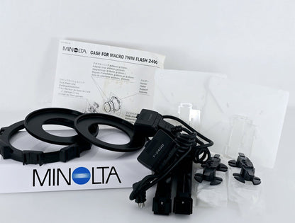 [Pre-owned] Minolta Macro Twin Flash 2400 Set with Diffuser, Holder, Adapter & Cord Reel — Mint — Japan #5687