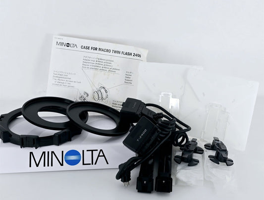 [Pre-owned] Minolta Macro Twin Flash 2400 Set with Diffuser, Holder, Adapter & Cord Reel — Mint — Japan #5687