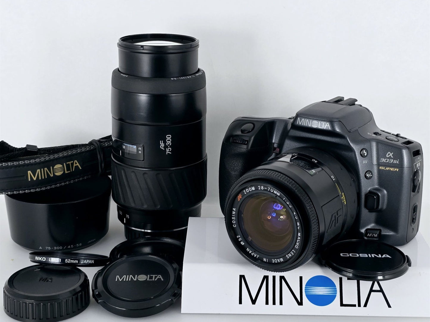 [Pre-owned] Minolta α 303Si Super Film Camera with Cosina 28-70mm & AF 75-300mm Zoom — Near Mint — Japan #5438